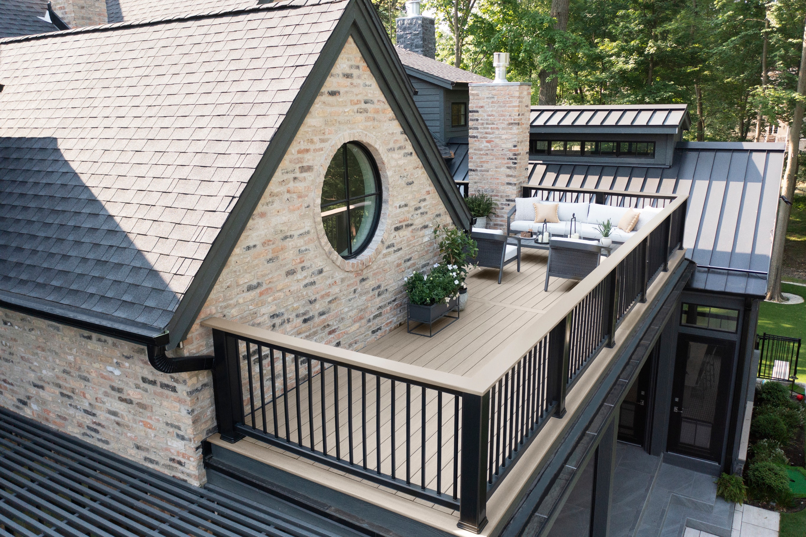 Aerial view of TimberTech Landmark French White Oak deck installation